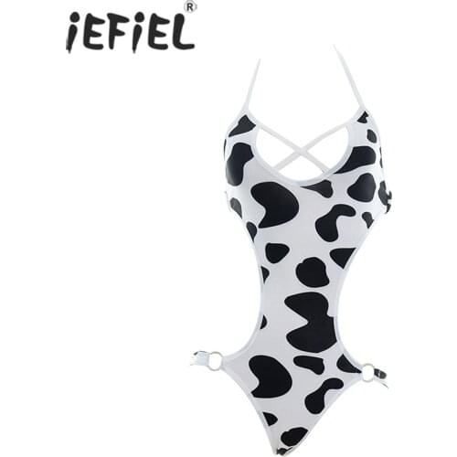 Summer Women Skinny Sleeveless Cow Print Bodysuit Ladies Hallow Out Halter Neck Jumpsuit Leotard Lingerie Outfits Sissy Swimsuit