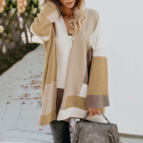 Women Sweater Autumn Winter Casual Commute Patchwork Long Cardigan Jacket Knitting Outerwear New Long Sleeve Loose Knit Sweaters