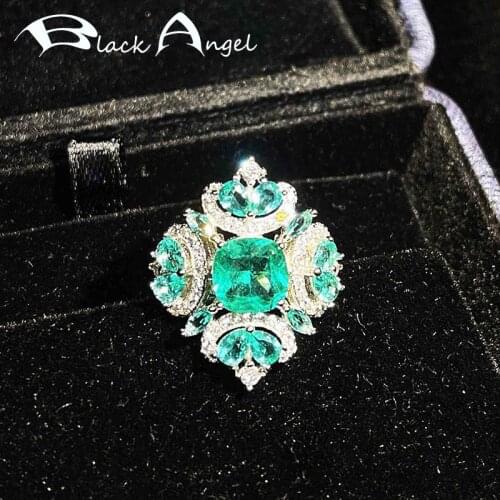 BLACK ANGEL 2021 New Temperament 925 Silver Ring Inlaid Pave Geometric Paraiba CZ Gemstone For Women Wedding Party Jewelry Gift
