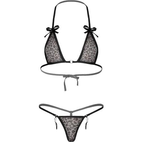 Women Micro Bikini Set Transparent See-through Mesh Bikini Underwear Swimwear Halter Lace-up unlined Bra Top with Monokini Thong