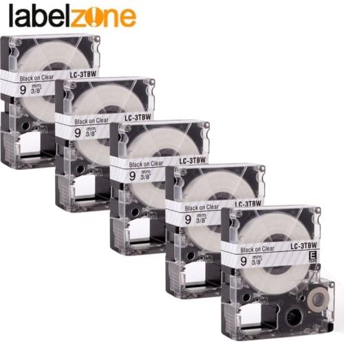 5Pcs 9mm Black on clear compatible Epson LC-3TBW/ST9KW label tapes strong adhesive laminated lc3tbw label ribbon for KingJim