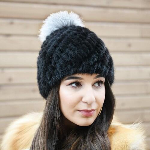 Free Shipping CX-C-206A Factory Wholesale Price Fashion Ladies Big Pom Pom Knitted Mink Fur Hat