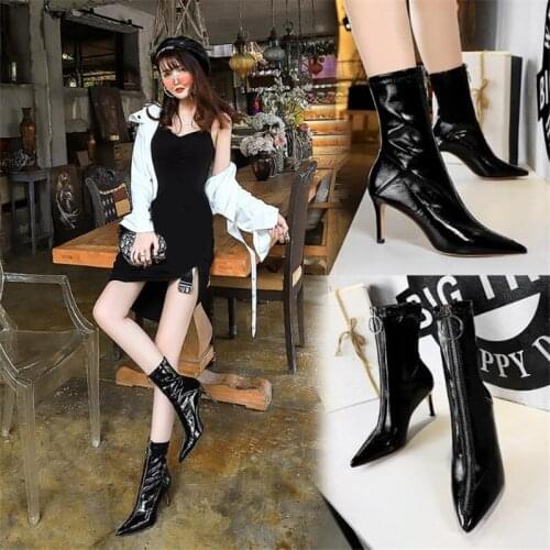 Womens Sexy Slim Stiletto High Heels Shoes Ladies Shiny Patent Leather Front Zipper Thin Boots Female Fashion Boots Size 34-40
