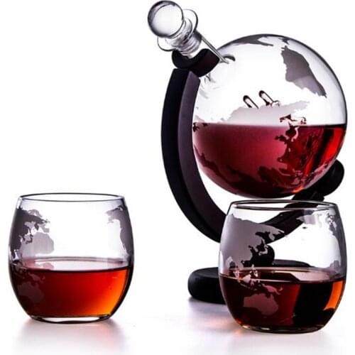 Whiskey Dispenser Alcohol For Liquor Scotch Bourbon Vodka Wine Glass Decanter Globe with Wood Stand