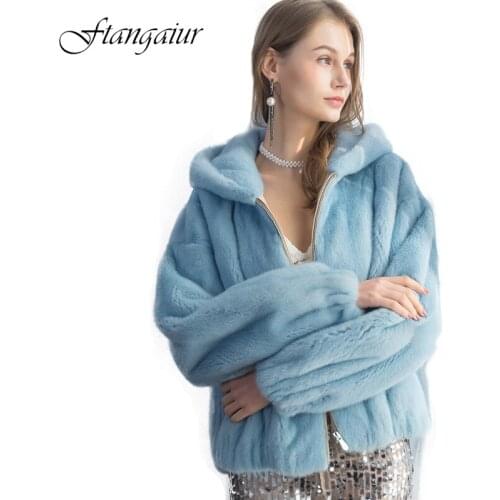 Ftangaiur 2021-2022 Import Copenhage Velvet Mink Fur Full Sleeve Short With Fur Hood Mink Coat Sapphire blue Mink Fur Coats