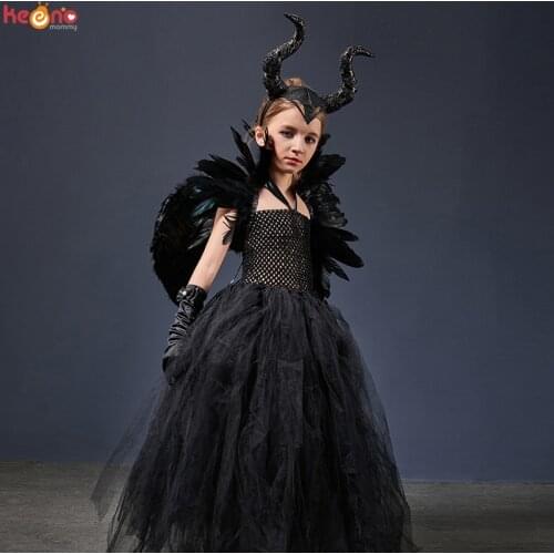Kids Maleficent Deluxe Costume Wicked Witch Halloween Fancy Tutu Dress with Feather Collar Gothic Girls Demon Queen Ball Gown