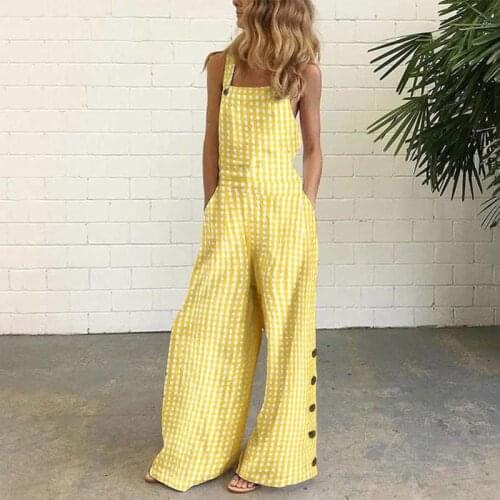 Summer Vintage Plaid Print Jumpsuits Women 2021 Fashion Sleeveless Plus Loose Romper Elegant Casual Pocket Streetwear Playsuits