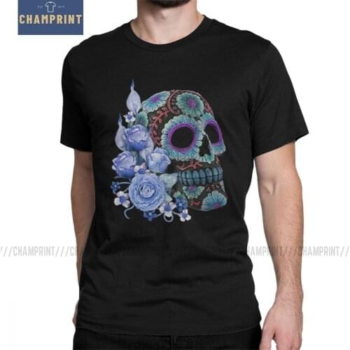 Mens T-Shirt Blue Floral Black Sugar Skull Day Of The Dead 100% Cotton Tee Shirt Short Sleeve Death Skeleton T Shirt Plus Size
