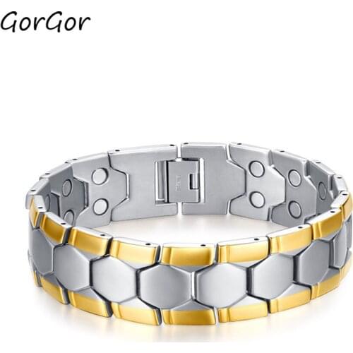 GorGor 2020 Trendy Classic Length Is 21CM Men Gold Double Row Magnet Bracelet for Bussiness Men Fashion Gift Jewelry BR-075