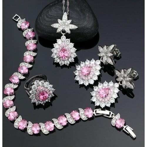 925 Sterling Silver Bridal Jewelry Sets For Women Accessories Pink White Cubic Zirconia Earrings Pendant Necklace Ring Bracelet