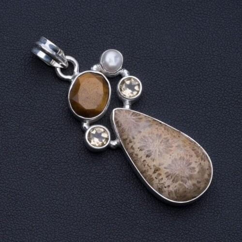 Natural Fossil Coral,Tiger Eye,Citrine and River Pearl 925 Sterling Silver Pendant 2" P0592