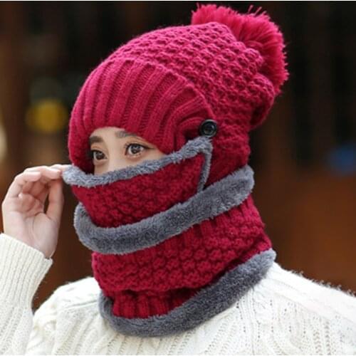 New Warm Winter Hats For Women With Breathing Mask 2In1 Knitted Hat Girl Pompoms Hat Add Fur Lined Protective Winter Hat
