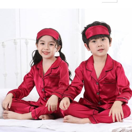 2021 Toddler Baby Boy Girl Silk Satin Top Pant Pajamas Long sleeve Solid Button-Down Pyjamas Satin Set Child Sleepwear Nightgown
