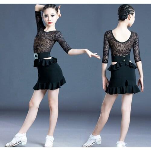2020 Latin Dance Dress Children Mesh Middle Sleeve Dress Girl Ballroom For Girls Latin Training Tango Performance Clothes Dress