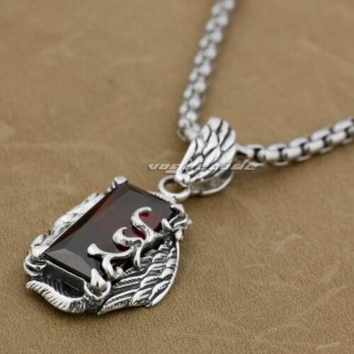 Flower Wing Red CZ Stone 925 Sterling Silver Mens Biker Rock Punk Pendant 9H027