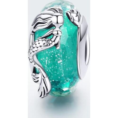 Fit Europe Bracelet Original 925 Sterling Silver Green Mermaid Glass Beads S925 Mysterious Fish Pendant for Necklace Chain