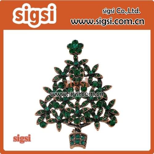 Retro green crystal rhinestone tree breastpin Womens Party Austrian Crystal Christmas Tree Teardrop Brooch Pin
