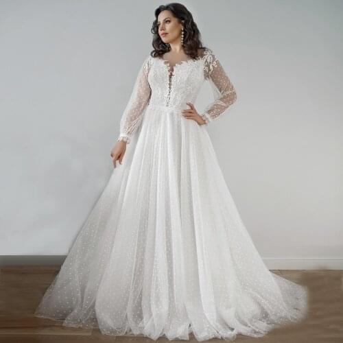Romantic Long Sleeves Lace Wedding Dress Sheer Neck A-line Bohemian Dot Tulle Bridal Gown Plus Size Vestido de Novia