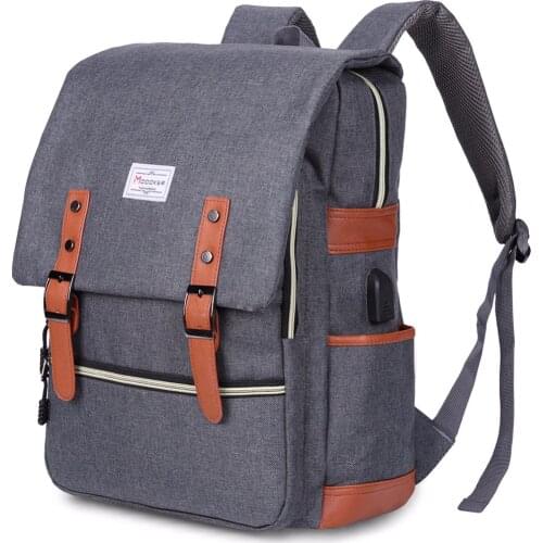 Modoker Vintage Laptop Backpack With USB Charging Port Lightweight School College Bag Rucksack Fits 15-inch Notebook, Grey Blakc