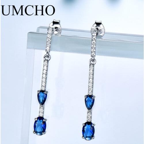 UMCHO Genuine 925 Silver Jewelry Created Nano Blue Sapphire Drop Earrings For Women Classic Wedding Gift Charms Fine Earrings