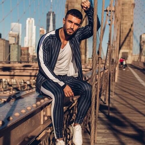 Autumn Winter Men Stripe Patchwork Sportswear Zip Up Jacket Sweatshirt+pant casual Running Jogger Fitness Workout Set Sport Suit