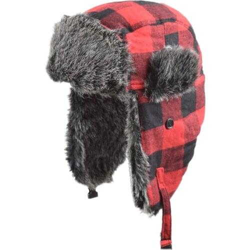Unisex Plaid Winter Trooper Hat Earflap Hat Faux Fur Ushanka with Windproof Ear Flap Chin Strap for Men and Women