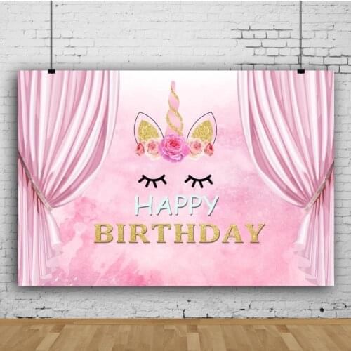 Cartoon Flowers Unicorn Pink Curtain Backdrop Photography Photo Girl Birthday Party Room Table Decoration Kids Vinyl Background