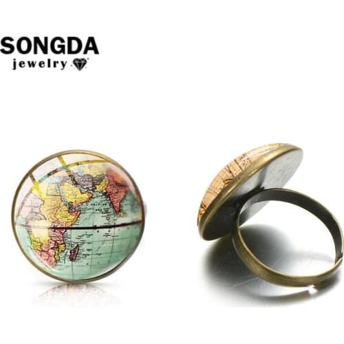 SONGDA Vintage Earth Planet Globe World Map Glass Cabochon Ring Ancient Bronze Color Handicraft Art Picture Rings for Women Kids