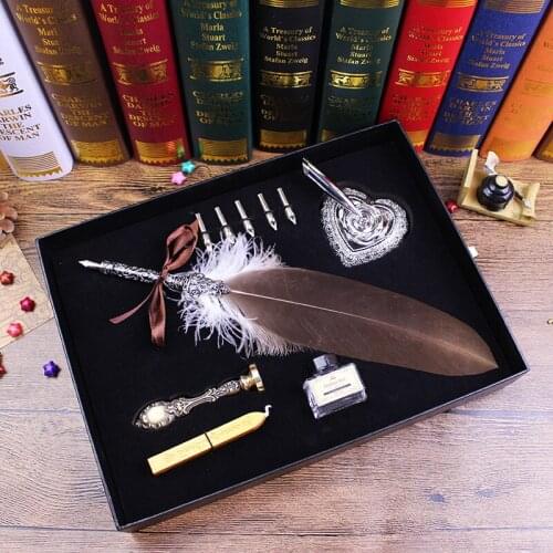 High Quality Quill Feather Dip Pen with Sealing Wax Stamp Pack in Black Gift Box Fountain Pen