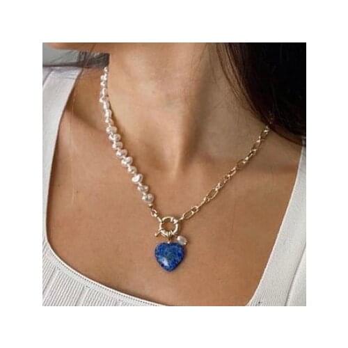 Steampunk Statement Jewelry trendy natural stone heart freshwater pearl chunk Cuban links chain necklace pendant fashion