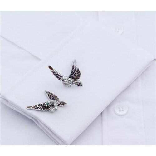 HAWSON Brown Eagle Hawk Cufflinks Brown with Green Eyes Crystal Inlaid Cuff Links for French Cuffs Shirts Gift for Men запонки