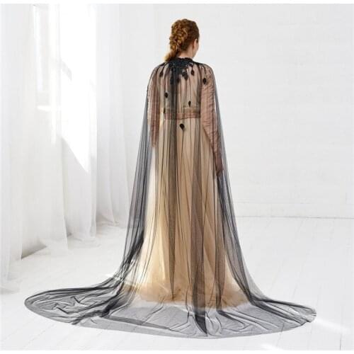Women Black Bridal Cloaks Wedding Shoulder Capes Veils Tulle Lace Leaves Appliques for Brides Long Velos Negra 2 3 Metres