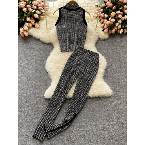 Summer Shiny Diamonds Decor Women Two Piece Set Black Stand Collar Sleeveless Short Tops + High Waist Pencil Pants Suit 2021