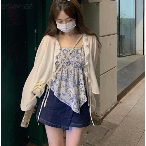 2 Pieces Sets Women Leisure Slim Elegant All-match Fashion Cropped Lace-up Sun-proof Cardigan Print Camis Female Korean Style
