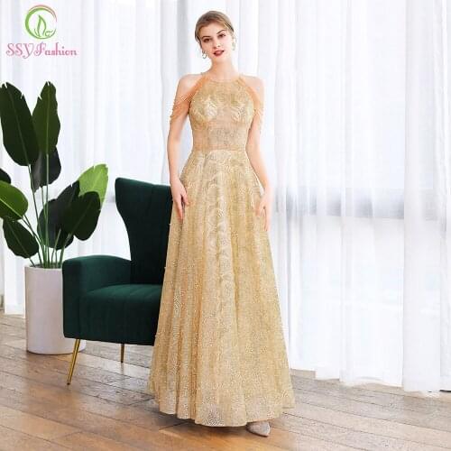 SSYFashion New Luxury Gold Evening Dress Sexy Halter Tassel Crystal Beading A-line Long Prom Formal Party Gowns Vestido De Noche