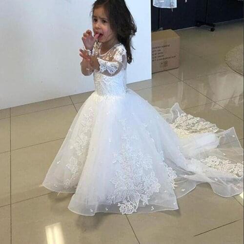 2020 New Arrival Lovely Long Sleeve Tulle A-Line Flower Girls Dresses For Wedding Lace Appliques White First Holy Communion
