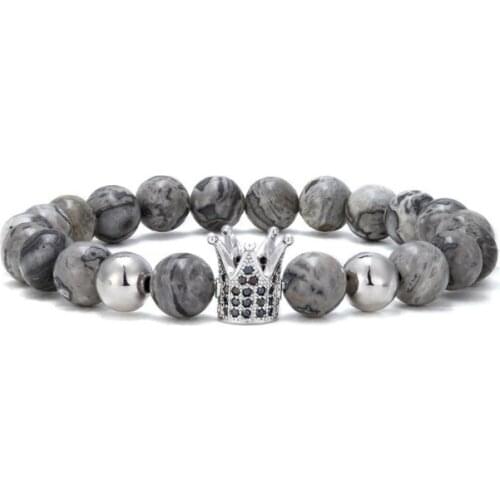 8mm crown elastic gold silver copper cz zircon cubic zirconia beads bohemian Yoga Bracelet agate Onyx Stone Bangles 54t3s