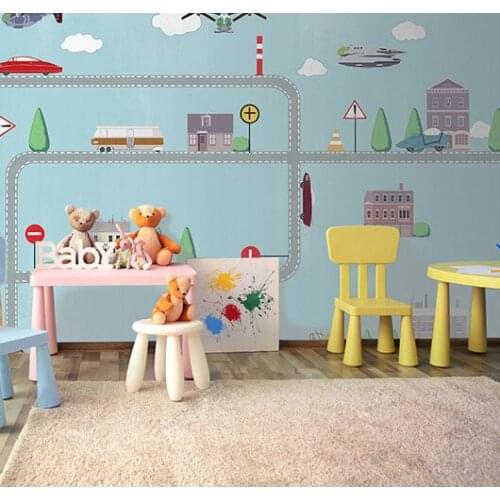 Bacaz Newest 3d Cartoon traffic Wall Photo Mural for Kids Room Kindergarten 8d wall Mural Car bicycle Wallpaper Mural Decor