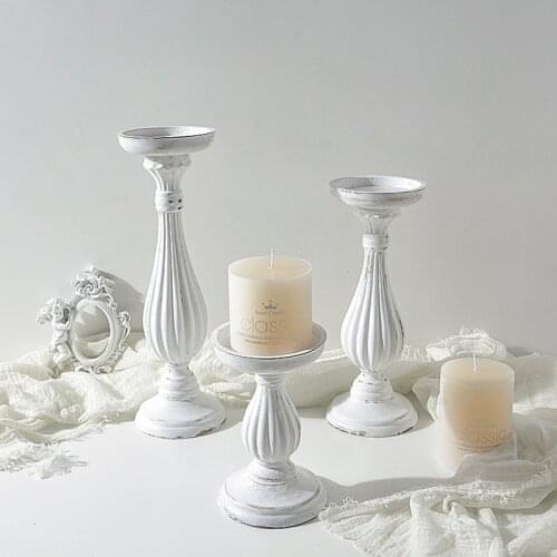 White Candelabro Vintage Distressed Wooden Candlestick Tray Candle Holder Handmade Table Ornaments Wedding Home Decor Holiday