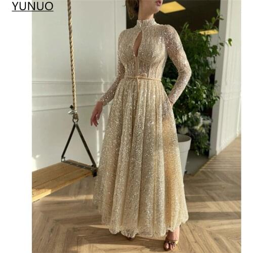 YUNUO Glitter Creamy Lace A Line Prom Dresses Long Sleeves High Neck Sequined Evening Party Gowns With Pockets robes de cocktail
