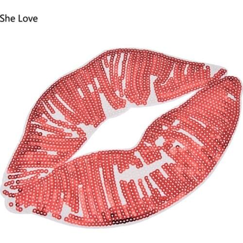 Chzimade Red Lips Sequins Embroidered Sewing On Patch Coat Jacket Jeans Decoration Motifs Applique