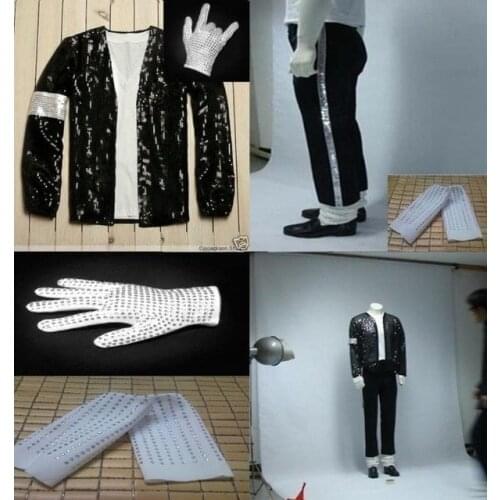 Kids Adults Michael Jackson Billie Jean Suits Sequin MJ Jacket Pants Glove Socks Show Black Sequined Pacthwork Cosplay costume
