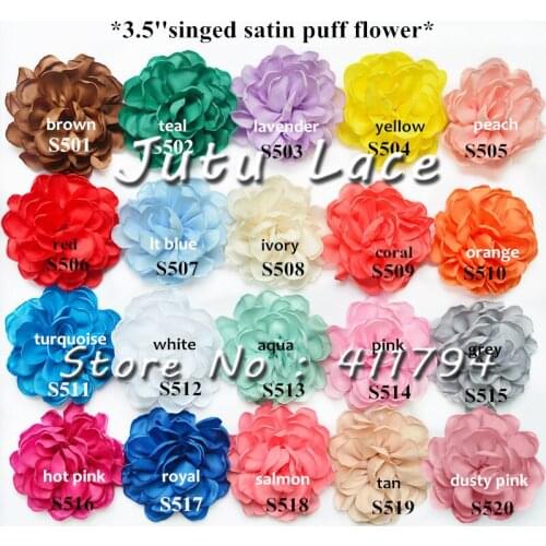 EPacket 30 pcs/lot ,3.5 '' singed satin puff chiffon flowers for headband hair accessories 20 colors , fashion girl headwear