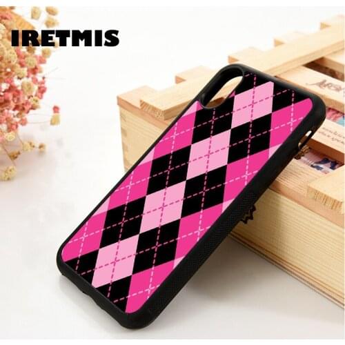 Iretmis 5 5S SE 6 6S TPU Silicone Rubber Phone Case Cover for iPhone 7 8 Plus X Xs 11 12 MINI Pro Max XR Pink Argyle Design