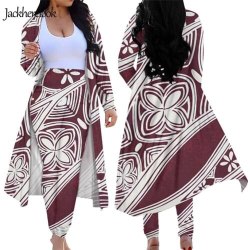 Jackherelook Polynesian Tribal Womens 2 Piece Outfits Open Front Cardigan Samoan Floral Print Spring Skinny Bodycon Long Pants