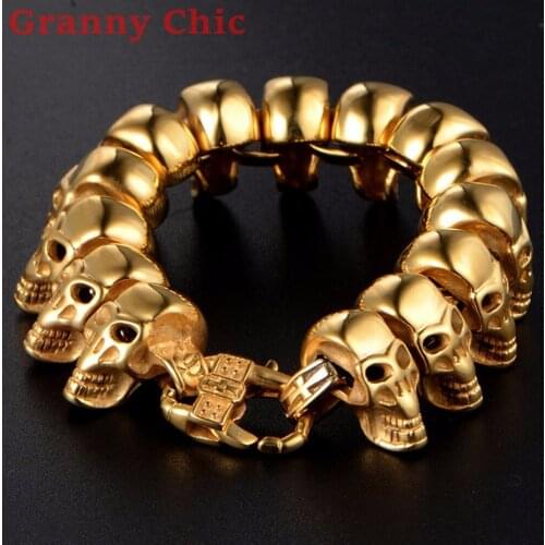 Granny Chic Cool Skull Mens Wristband Cuff Bracelet Jewelry Stainless Steel Skeleton Link Chain Heavy Puck Jewelry 8.66" 25mm