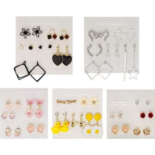 6 Pairs Crystal Star Flower Earrings Set For Women Girls Fashion Design Geometric Shaped Stud Ear Jewelry Party Gifts
