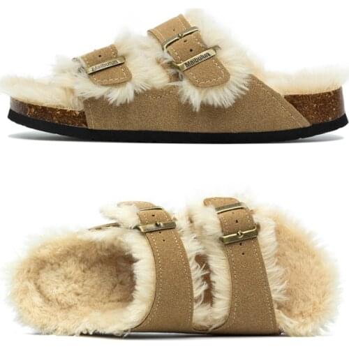 COSMAGIC 2021 New Sheep Fur Cork Slipper Autumn Women Casual Genuine Leather Outside Solid Buckle Soft Plush Slides Shoe