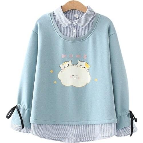 Korean New Kawaii Women Hoodies Cartoon Printed Cute Cloud Cat Sweatshirt Fleece Lace Up Long Sleeve Fake Two Piece Pullovers