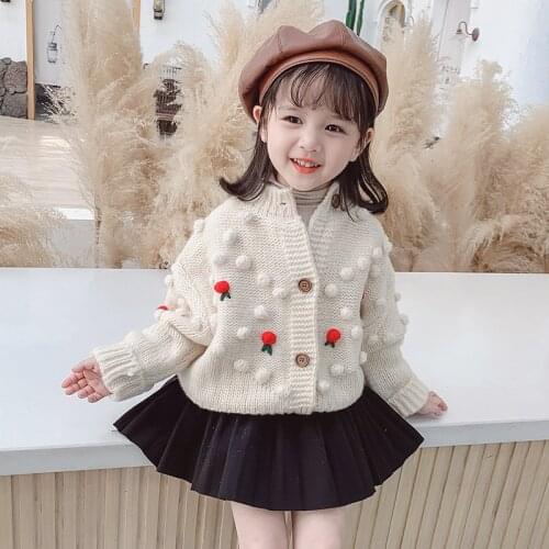 Autumn Winter Baby Girls Flower Knitted Cardigan Sweaters Coat Children Clothing Kids Handmade Wool Ball Cardigan Coat Tops